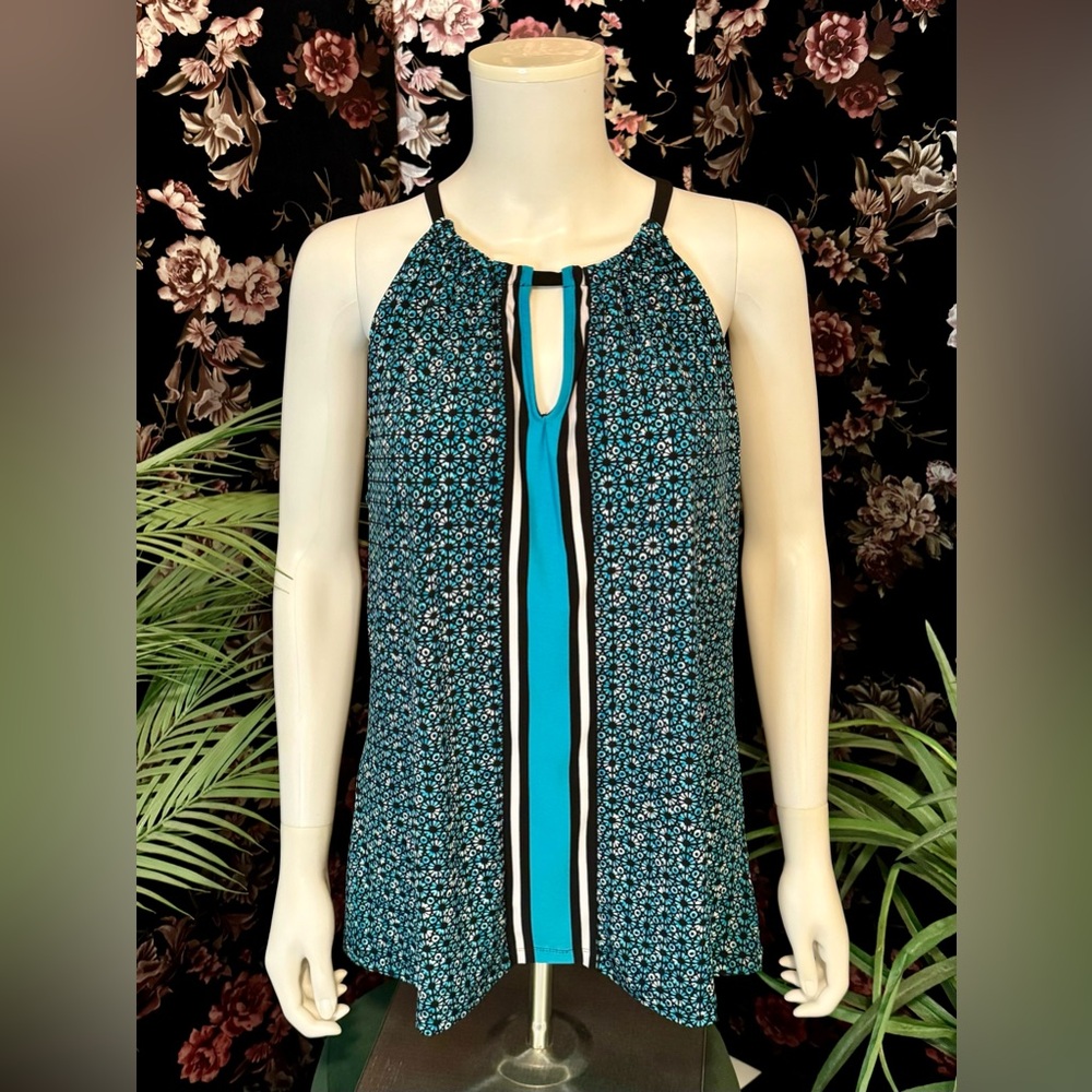 Michael Kors Keyhole Blue Black Geometric Print Sleeveless Zipper Back Top Sz L